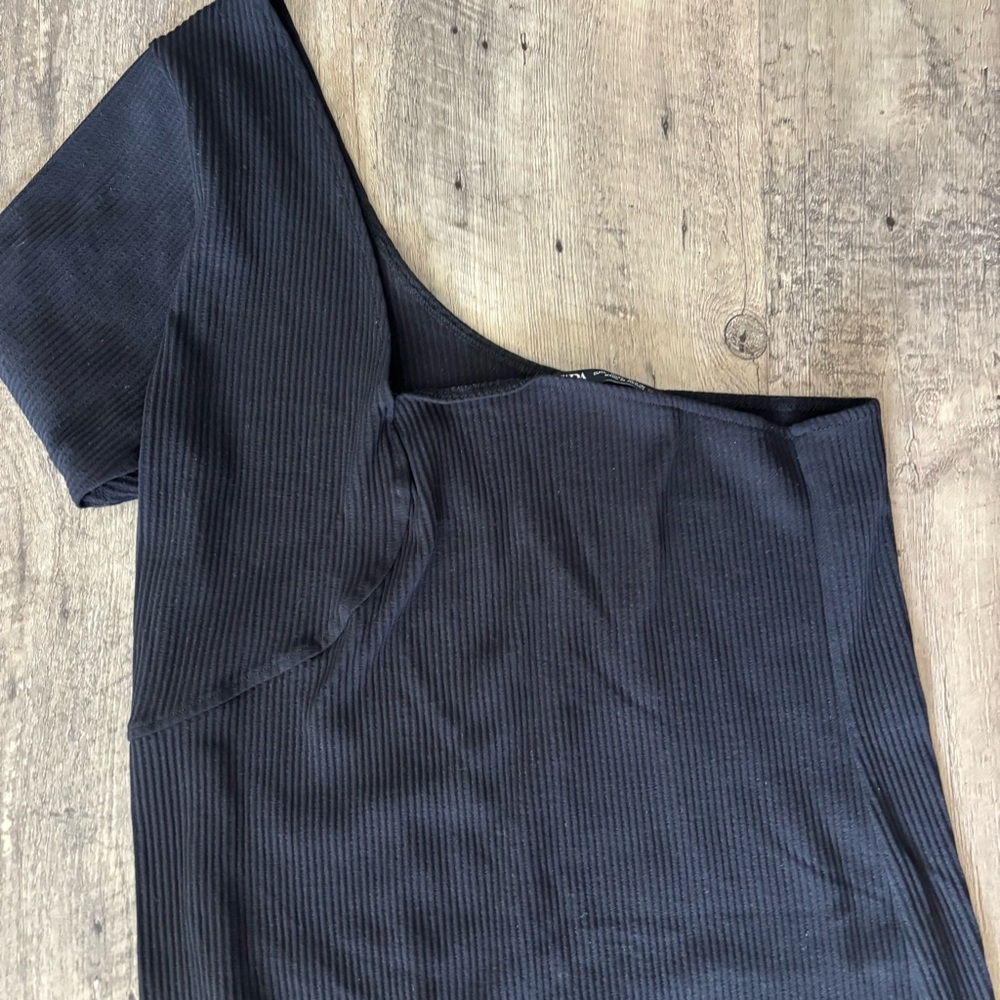 Zara Black Ribbed One-Shoulder Bodycon Dress Size Large - Picture 3 of 4